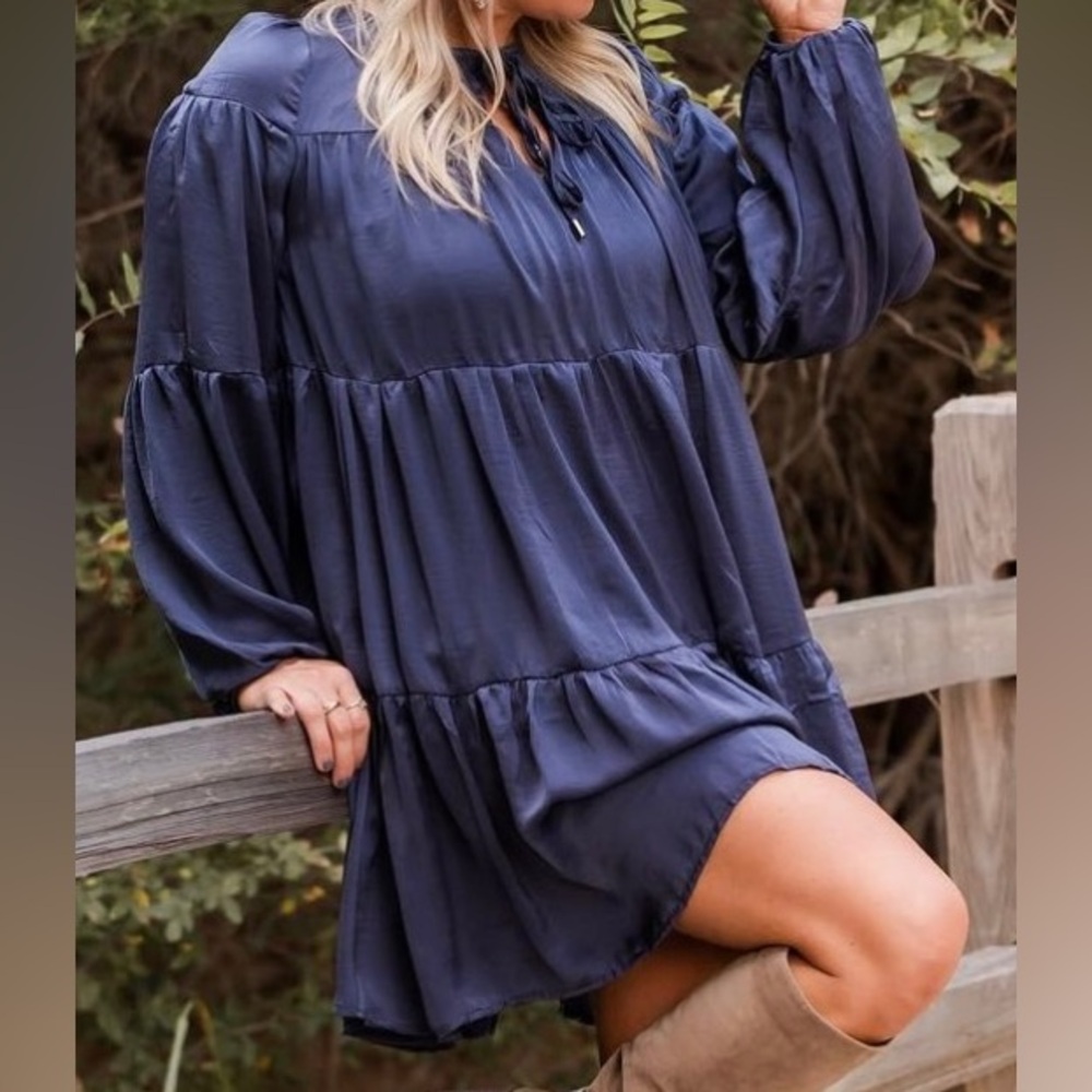 Blue Long Sleeve Fall Dress, lined, puff sleeves, very roomy